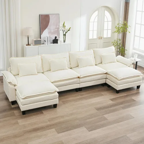 Vista 11 de URRED - Sofá seccional modular tipo nube, cómodo sofá cama de chenilla moderna con asientos profundos y otomán/almohadas para sala de estar