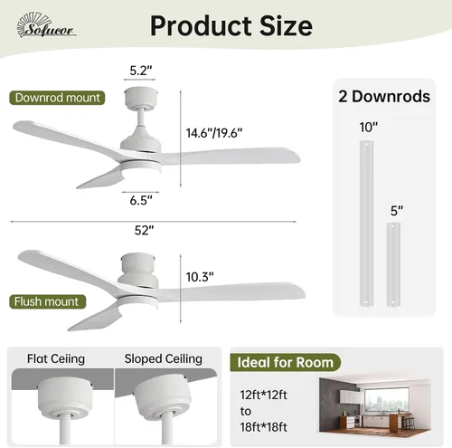 Vista 9 de Sofucor Ventilador de techo inteligente de 52" con luces y control remoto Todo blanco