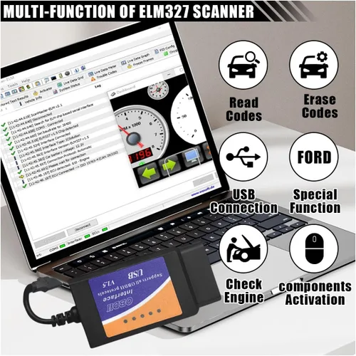 Vista 5 de ELM327 OBD2 Adaptador USB, herramienta de codificación de diagnóstico, escáner ELMconfig OBDII herramienta de escaneo con interruptor MS-CAN/HS-CAN