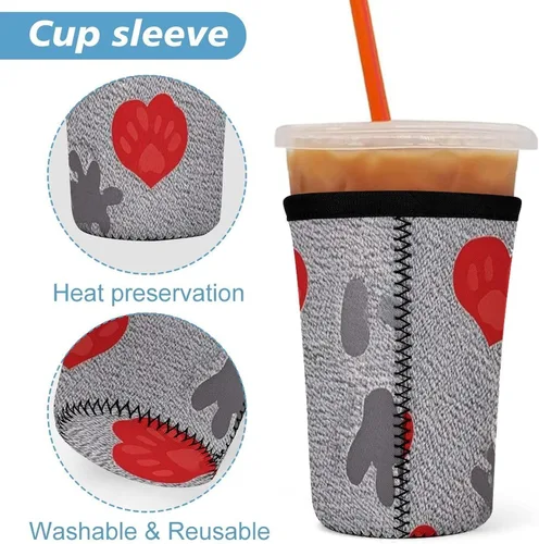 Vista 3 de Bluebird And Flowers Dog Claw Love Reusable Insulated Neoprene Iced Coffee Cup Sleeves 3 Sizes Diving Material Cup Durable Beverage Covers for Cold
