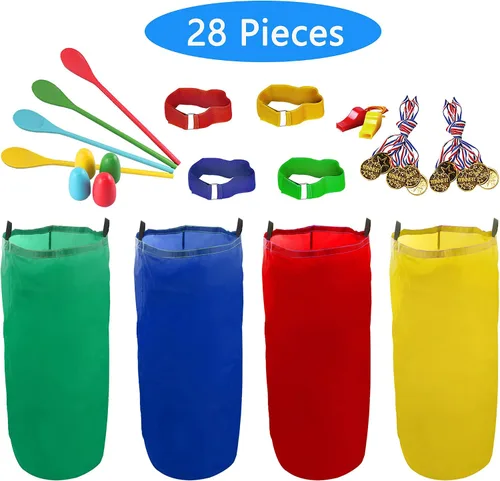Vista 7 de 28 bolsas de carreras de sacos de papas, carreras de huevos y cucharas, juegos de carnaval, bandas de carreras de relevo de 3 patas, juegos al aire