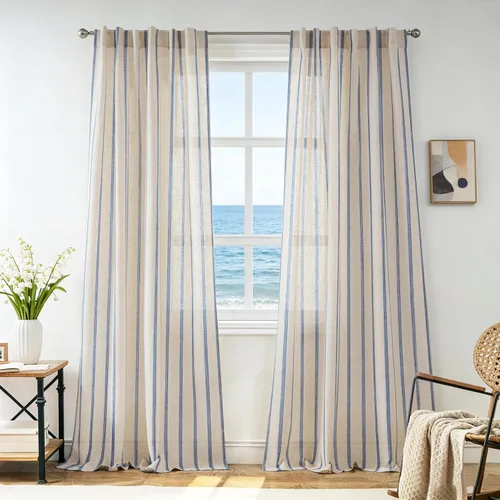 Vista 34 de DriftAway Cortinas de estilo granja con rayas verticales de lino mezclado texturizado con filtro de luz semitransparente para sala de estar