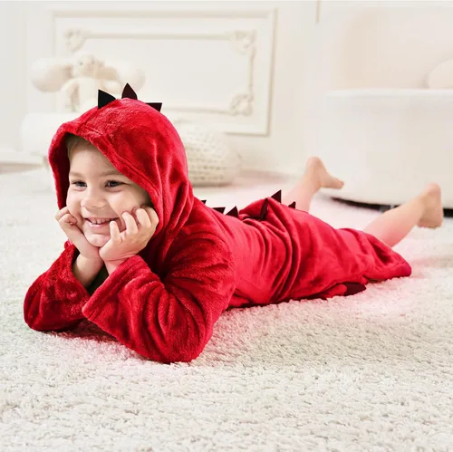 Vista 4 de LOLANTA Bata de baño para niños y niñas, con capucha, forro polar de dinosaurio, suave, con cinturón, ropa de dormir suave