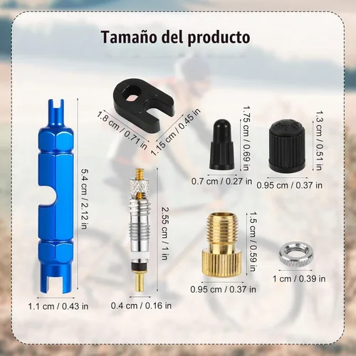 Vista 2 de Kit de reparación de núcleo de válvula para Presta, 4 núcleos de válvula, 4 tapas de núcleo de válvula, 4 tuercas, 2 tapas de plástico, 2