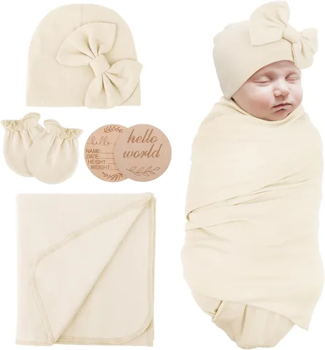 Vista 18 de AQOKKA Manta de Recepción para Recién Nacido con Gorro de Lazo Mitones Juego de Tarjetas de Madera para Recién Nacidos Niños Pequeños Bebé Niño Niña