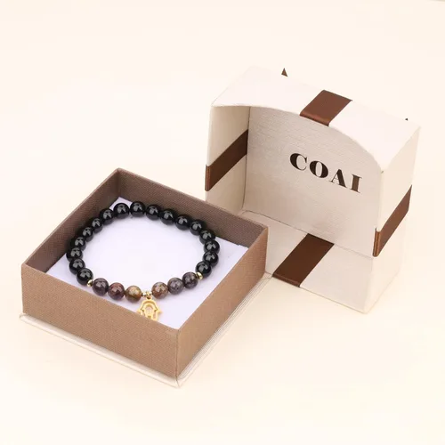 Vista 7 de COAI Pulsera Hamsa de piedra turmalina negra con dije de mano