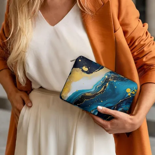 Vista 4 de Flashideas Bolsa de maquillaje portátil de cuero impermeable bolsa de cosméticos embrague maquillaje cepillo bolsa, Estampado De Mármol Azul 1