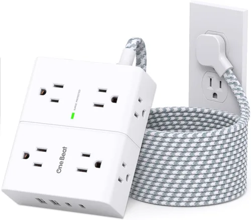 Vista 15 de One Beat Regleta protectora de sobretensiones, cable de extensión plano ultrafino de 6 pies con 8 tomas, 4 puertos USB (2 USB C), regleta