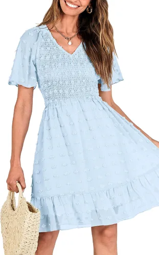Vista 5 de BTFBM - Vestido de vacaciones en la playa para mujer, cuello en V, manga corta, fruncido, plumetí, casual, con volantes,vestidos cortos