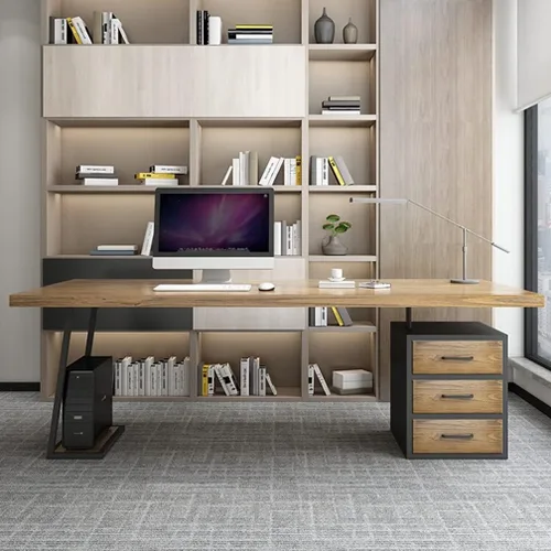 Vista 4 de Escritorio moderno y simple de madera maciza para computadora, escritorio de estudio, mesa de juegos, con soporte de CPU y cajón