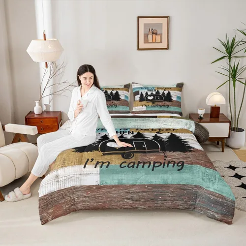 Vista 33 de Juego de ropa de cama con temática de cámper, juego de edredón de cabaña de madera marrón y verde, tamaño matrimonial, 3 piezas, decoración de Multi