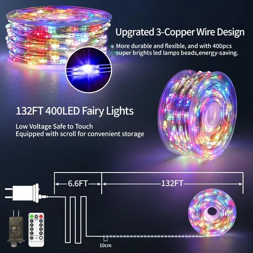Vista 6 de Luces de Hadas LED de 132 Pies con 400 LED Enchufables, Luces de Navidad para Exteriores Impermeables, Luces Centelleantes con Temporizador, 8 Modos