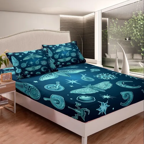 Vista 2 de Erosebridal Juego de ropa de cama color verde azulado tamaño individual, sábana bajera ajustable de polilla exótica Trippy Sun y Moon para niñas