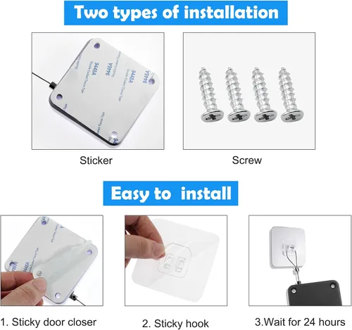 Vista 6 de Juego de 2 cierrapuertas automático sin perforaciones de 28.22 oz, con cordón multifuncional, para residencial, comercial, dormitorio, habitación