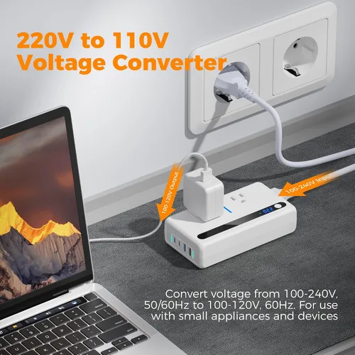 Vista 2 de TESSAN Adaptador de viaje universal con salida de CA dual (tipo C G A I) y convertidor de voltaje de 220 V a 110 V con 4 puertos USB (2 USB C), 2