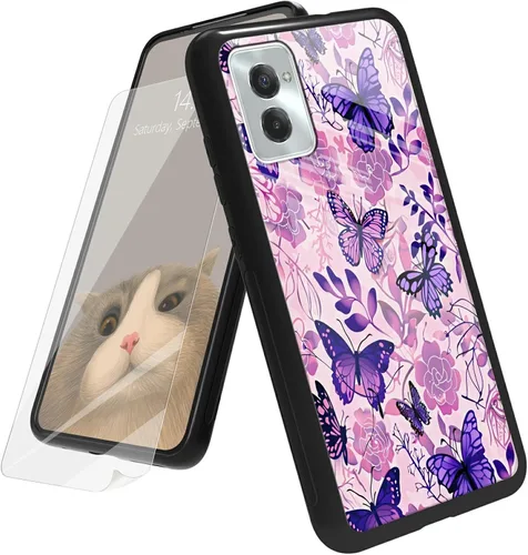 Vista 102 de Funda para Motorola Moto G Play 4G 2024 con protector de pantalla, parte trasera de vidrio templado + funda de silicona suave TPU absorción