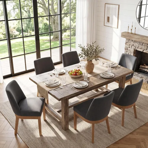 Vista 23 de HNY Juego de 2 sillas de comedor modernas con cómodo soporte de espalda, sillas de comedor tapizadas de lino suave con patas de madera maciza