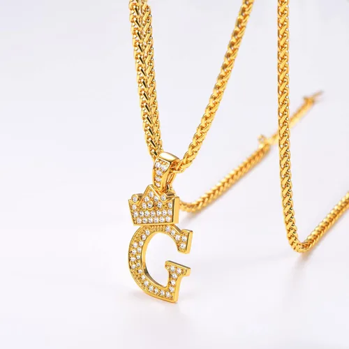 Vista 2 de U7 Collar con inicial de corona de la A a la Z, colgante de letra con cadena de 22 a 24 pulgadas, para hombres y mujeres, joyería con nombre
