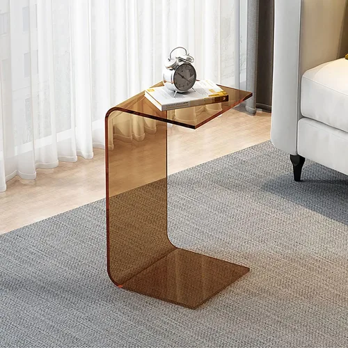 Vista 5 de Mesa auxiliar en forma de C de acrílico marrón, 25,6 EN C en forma de mesa auxiliar para sofá Mesa auxiliar acrílica multiusos en C, mesa auxiliar
