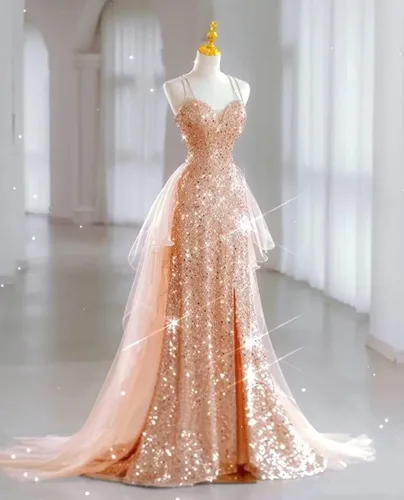 Vista 2 de Vestidos de novia de lentejuelas 2024, vestido largo de baile para mujer, vestido de graduación de tul brillante, vestido de fiesta con abertura