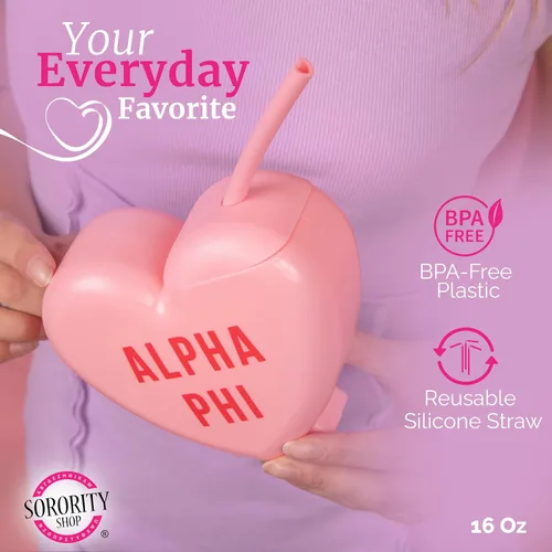 Vista 3 de Sorority Shop Theta Phi Alpha - Vaso con popote en forma de corazón, de 16 onzas, con tapa y popote de silicona, vaso de plástico reutilizable