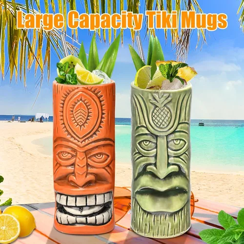 Vista 3 de SuproBarware Tiki - Juego de 2 tazas de cóctel hawaianas grandes con pajitas y posavasos, lindos vasos de cóctel exóticos para fiesta Tiki Bar