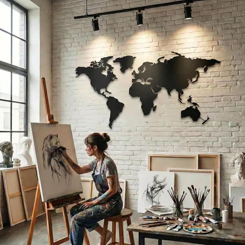 Vista 2 de DEKADRON Arte de pared de metal, mapa del mundo de metal, continentes de Asia, Europa, América y Australia, decoración de pared de metal, letrero