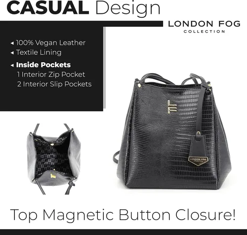 Vista 5 de LONDON FOG Bolso de hombro COCO para mujer, bolsos de cuero vegano
