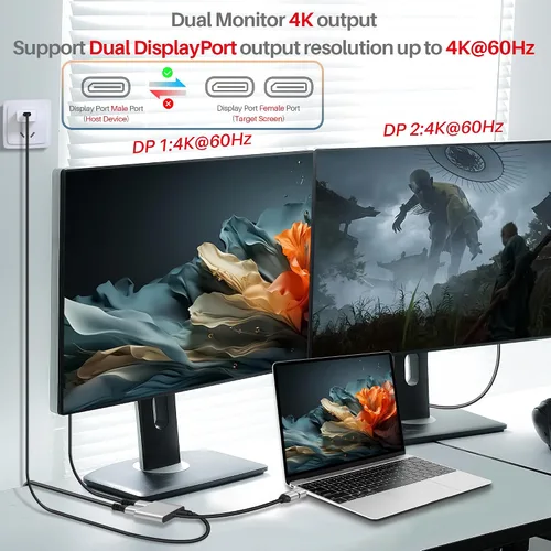 Vista 4 de Adaptador DisplayPort a DisplayPort dual (doble 4K a 60 Hz), divisor DP 1 en 2 salidas Pantalla extendida MST 1 DP macho a 2 DP hembra