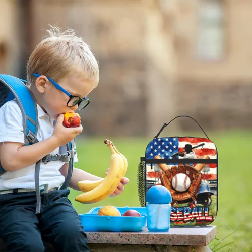 Vista 4 de Lonchera de béisbol con temática deportiva para niños, niñas, adolescentes, bolsa de almuerzo de béisbol aislada para niños, bolsa de almuerzo