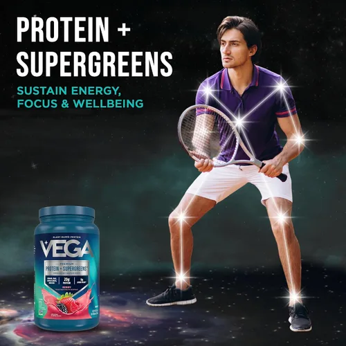 Vista 2 de Vega Protein + Supergreens - 20g de proteína a base de plantas, sabor a bayas, 26 porciones, verduras y vegetales reales, vegano keto, 0g de azúcar