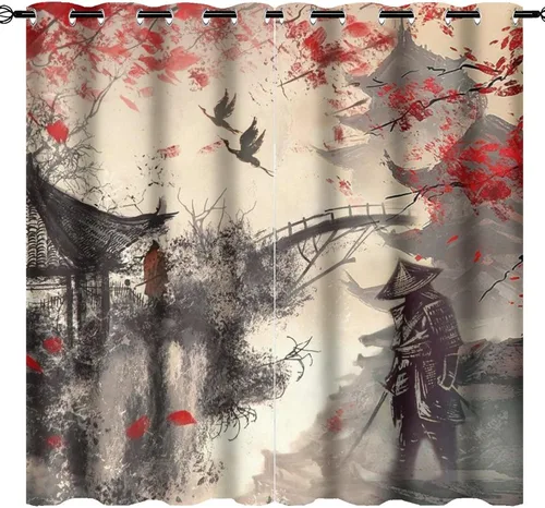 Vista 12 de Cortinas opacas abstractas japonesas samuráis para dormitorio, caballo samurái rústico, rojo, ojal, aislamiento térmico, cortinas de oscurecimiento