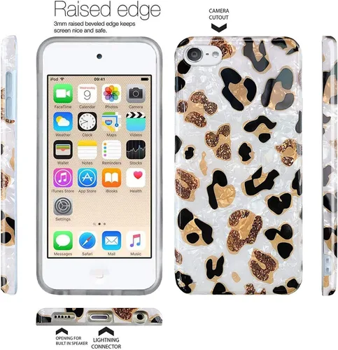 Vista 3 de J.West - Funda para iPod Touch de 7ª Generación - Funda de TPU de silicona suave con diseño de estampado de leopardo blanco brillante, translúcida