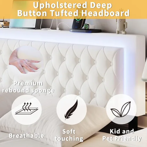 Vista 4 de Base de cama Queen con cabecera capitoné con botones, base de cama tapizada tamaño Queen con luces LED, estación de carga, almacenamiento