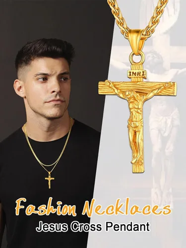 Vista 4 de U7 Colgante de cruz de crucifijo para hombre con cadena de bautismo, joyería cristiana, acero inoxidable, oro de 18 quilates, collar antiguo