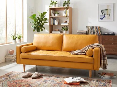 Vista 3 de Container Furniture - Sofá de piel sintética para la sala de estar moderna con cojines extraíbles y patas de madera maciza, sofá estilo lujoso
