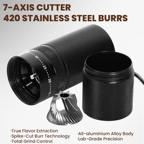 Vista 6 de Molinillo de café manual con 60 ajustes ajustables, molinillo de café portátil de mano con capacidad de 0.99 oz, molinillo de café cónico de acero