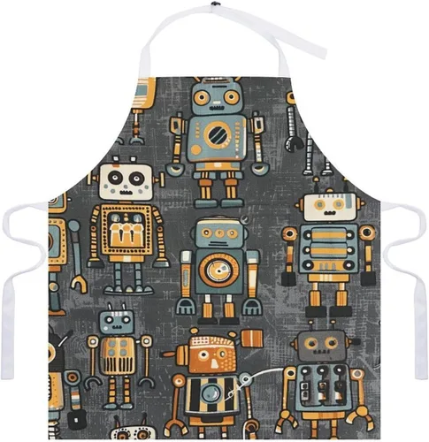 Vista 7 de MUSM Apron for Adults - 27.6 X 31.5 Inch, Heavy-Duty Polyester Aprons with Two Large Pockets, Waterproof Retro Style Robot Kitchen Apron for
