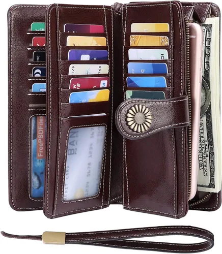 Vista 3 de KELEEL Cartera de cuero genuino con bloqueo RFID para mujer, Coffee), BCPLW2