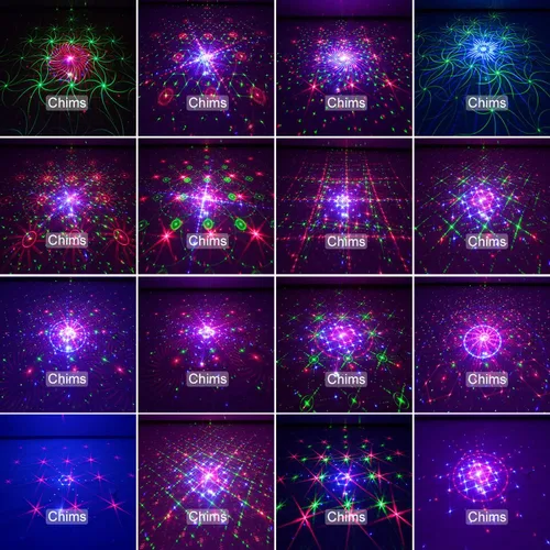 Vista 4 de Chims Proyector de espectáculo de luces para DJ, rojo, verde, azul, LED, 96 patrones, RGRB, música activada, proyector de iluminación para Navidad