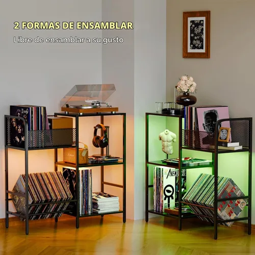 Vista 4 de Soporte para tocadiscos con luz LED, soporte para tocadiscos con almacenamiento de vinilo para más de 300 álbumes, gabinete multimedia de 3 niveles