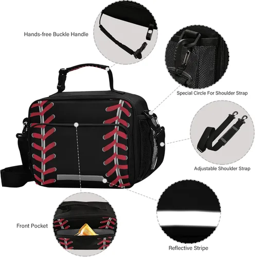 Vista 3 de Bolsa de almuerzo de béisbol aislada, color negro, enfriador, contenedor de alimentos para adultos, hombres y mujeres