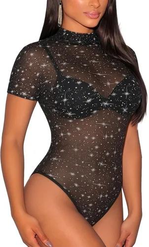 Vista 18 de Lrady Women's Short Sleeve Bodysuit Mesh Sheer Going Out Tops K#1 Negro
