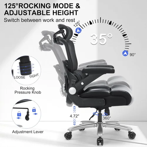 Vista 7 de Silla de oficina ergonómica resistente de 500 libras, silla de escritorio grande y alta con soporte lumbar ajustable, reposacabezas 3D, respaldo