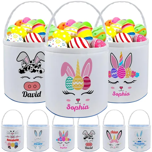 Vista 22 de Cesta de Pascua personalizada con nombre para niños, lona personalizada, cubo de Pascua, regalo para niños y niñas
