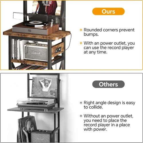 Vista 7 de Homeiju Soporte para tocadiscos con toma de corriente, estante de exhibición de discos de vinilo de 6 niveles, mesa de tocadiscos con almacenamiento