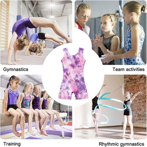 Vista 6 de Funnycokid Leotardos de gimnasia para niñas con pantalones cortos, unitardos de baile brillantes de sirena, pantalones de ciclismo activos de 2 a 10