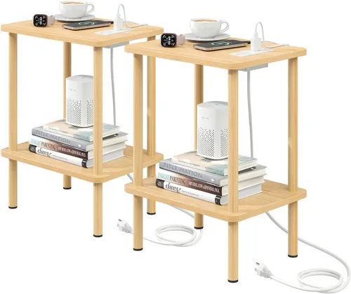 Vista 17 de Apicizon - Mesa auxiliar de 2 niveles, pequeña mesa auxiliar con patas de madera maciza, mesa de noche estilo boho con estante de almacenamiento