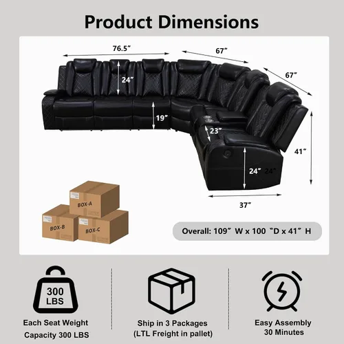 Vista 2 de Sofá seccional reclinable eléctrico con asiento de cine en casa con LED y puerto USB L Shaped Reclining Couch with Reading Lamp, Cup Negro