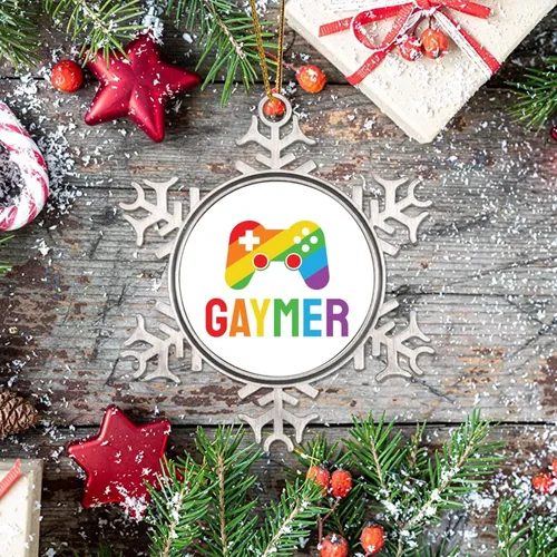 Vista 7 de Adorno de árbol de Navidad Gaymer Rainbow Gay Game Ornamentos Gay Decoraciones de Navidad Regalo Amor Igualdad Derechos LGBTQ Rainbow Metal Copo